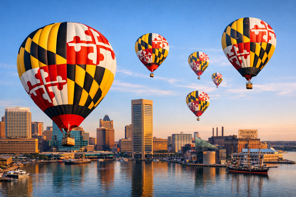 Hot air baloons soaring over Baltimore Harbor