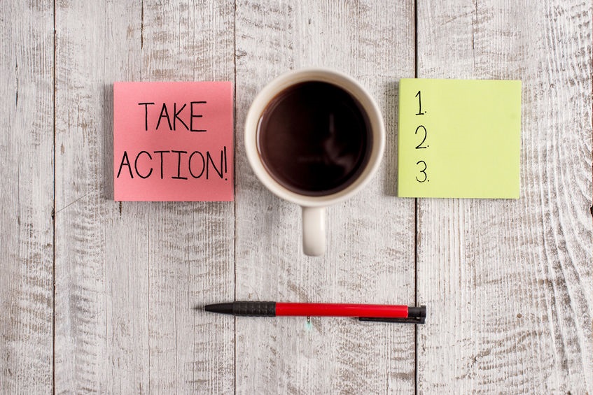 Writing Note Showing Take Action Business Photo Showcasing Do Something Official Or Concerted To Achieve Aim With Problem Stationary Placed Next To A Cup Of Black Coffee Above The Wooden Table