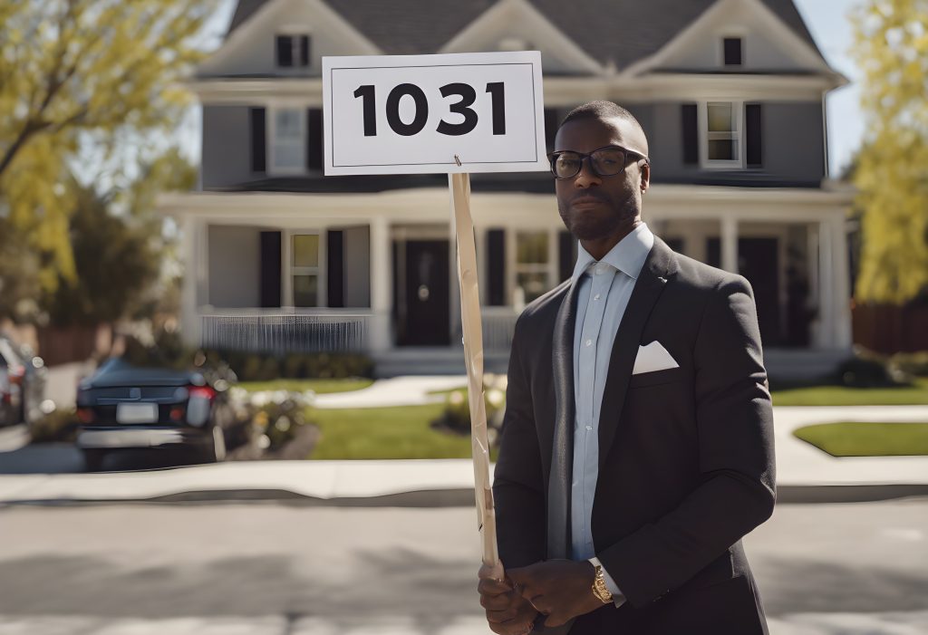 Smartly dressed investor holding 1031 Exchange sign. A newly renovated home is in the background.