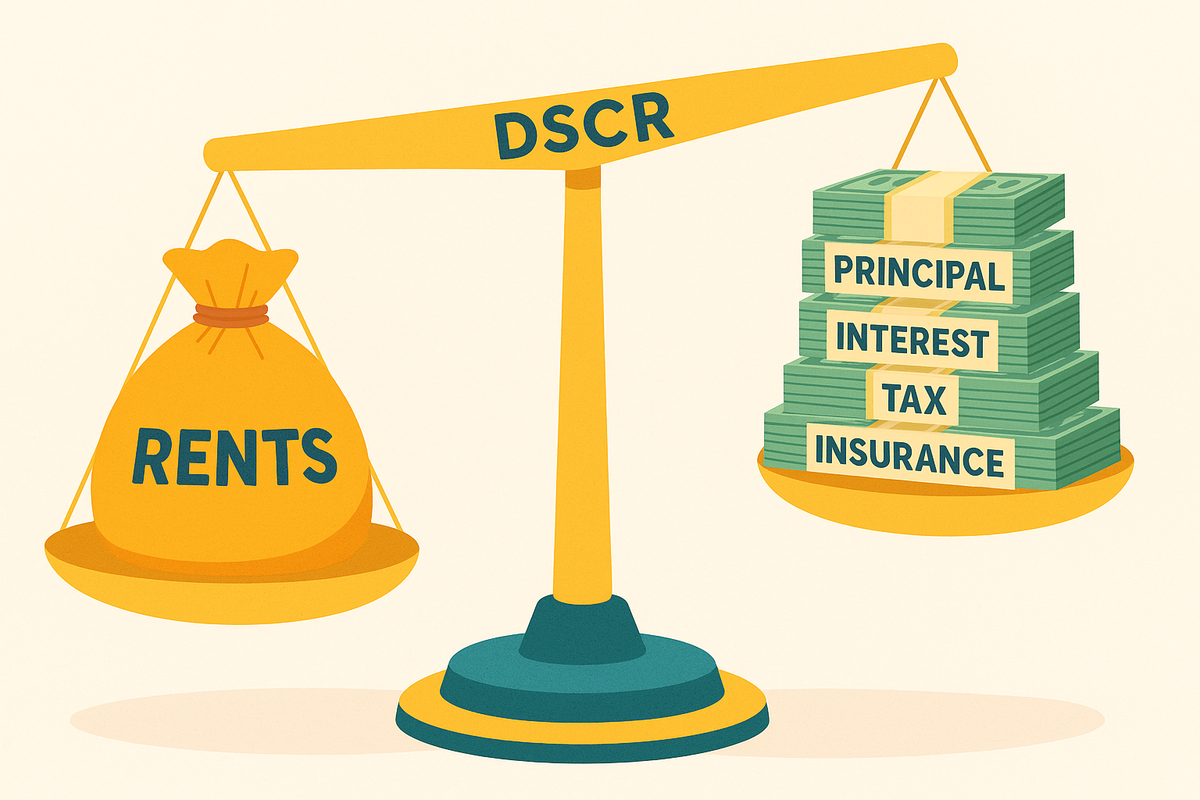The illustration of the scale representing DSCR with rents on one pan and pricipal, interest, tax and insurance on the other.