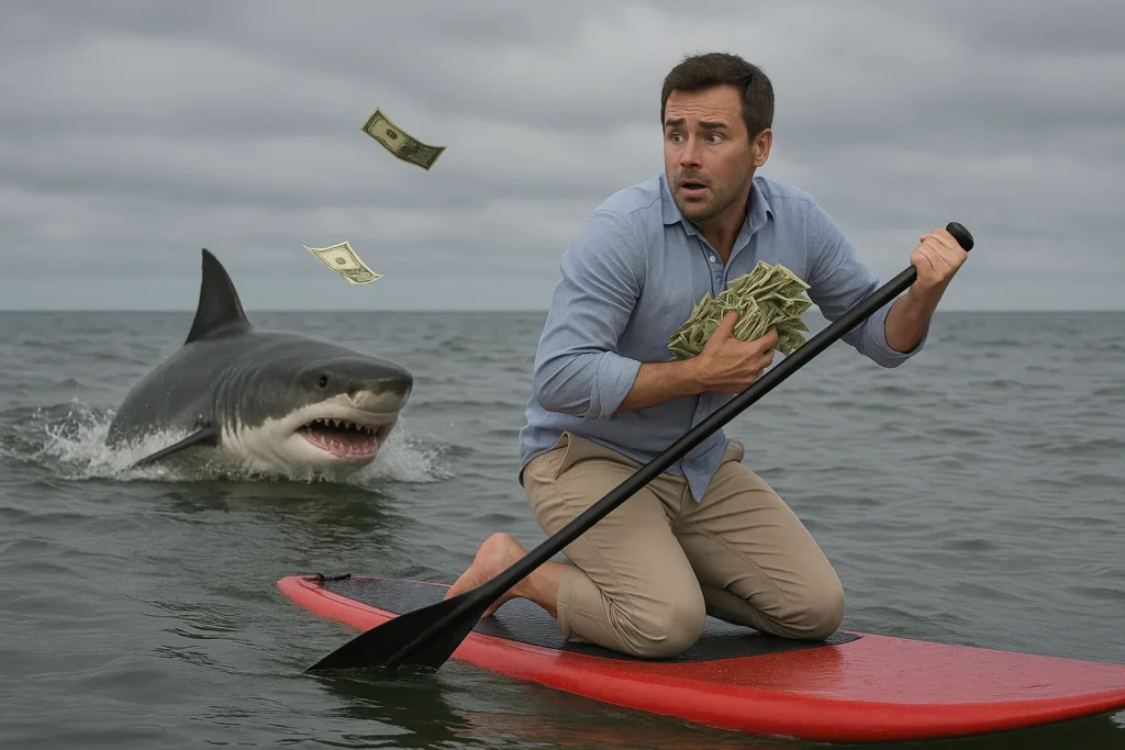 An investor on a paddleboad attempting to escape a shark while clatching dollar bills