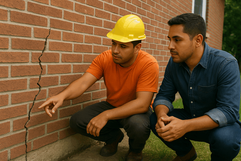 A contractor and a real estate investor examine a crack in the exterior wall and discuss the underlying foundation problem.