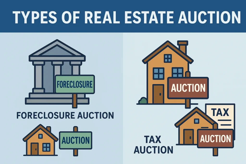 A picture illustrating types of real estate auction including foreclosure auction and tax auction