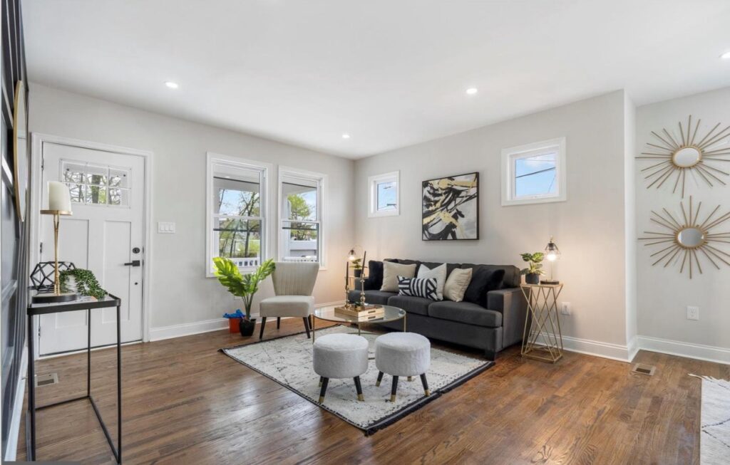 Lving Room completed and staged with black couch