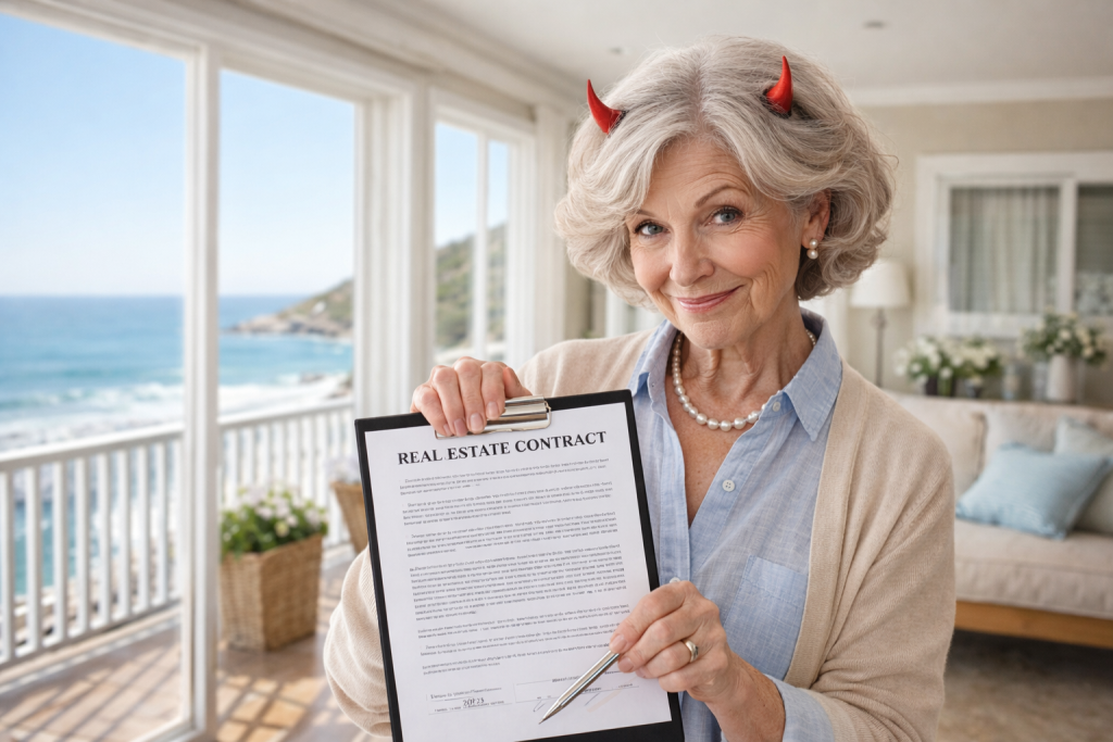 A coastal grandma with small red horns holding a real estate contract