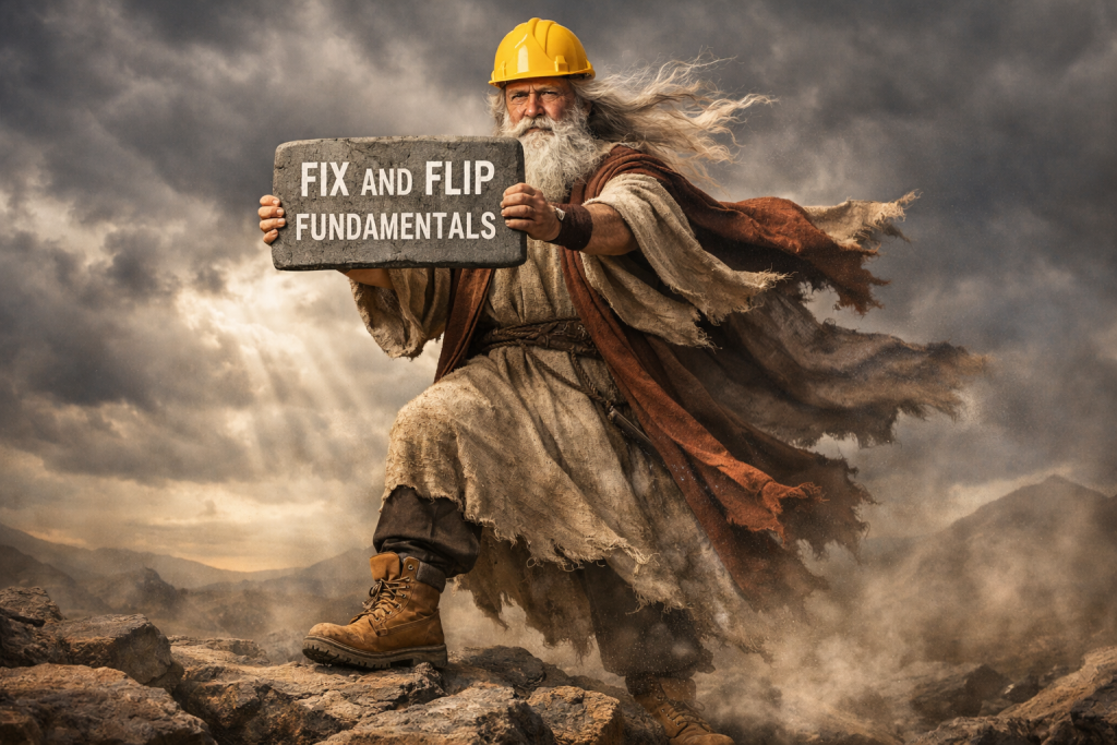 A Messiah-like man in a yellow construction hat holding a table with "Fix and Flip Fundamentals" written on it.
