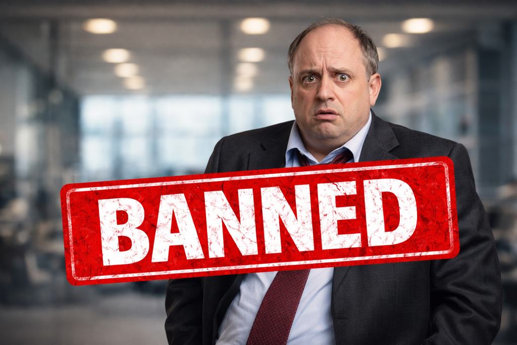 A middle-aged man representing an institutional investor reacting to being BANNED.