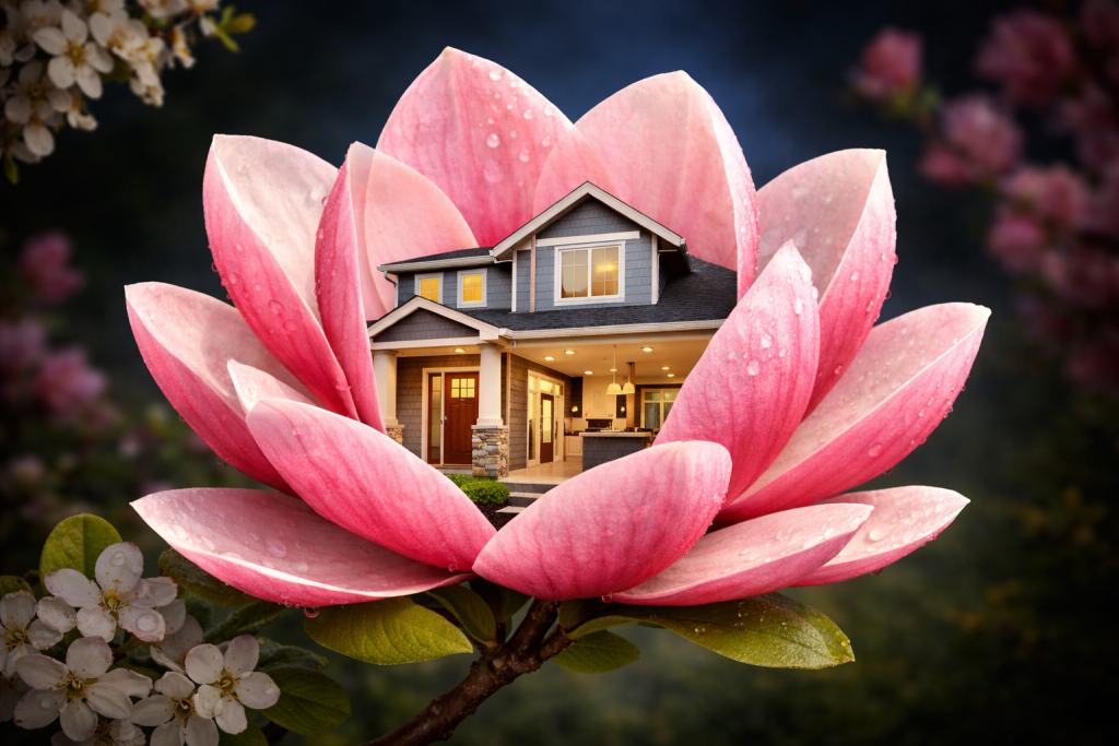 A magnolia flower opening its petals to reveal a renovated home inside as an allegory of spring real esate market.