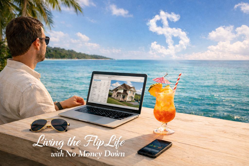 An investor relaxing in a tropical paradise with a drink and clouds forming a dollar sign.