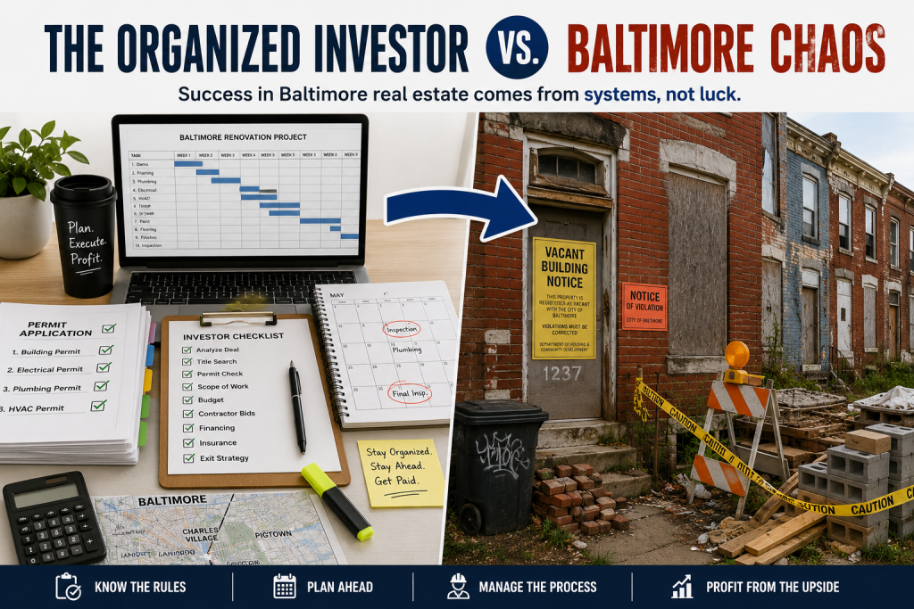 Split-screen image illustrating Baltimore real estate investing. On the left, an organized investor’s workspace features permit applications, project schedules, inspection calendars, checklists, maps, and budgeting tools. On the right, a distressed Baltimore rowhome displays a Vacant Building Notice, boarded windows, construction debris, caution tape, and code violation notices. The image emphasizes that successful Baltimore investing requires planning, organization, and project management to turn distressed properties into profitable opportunities.