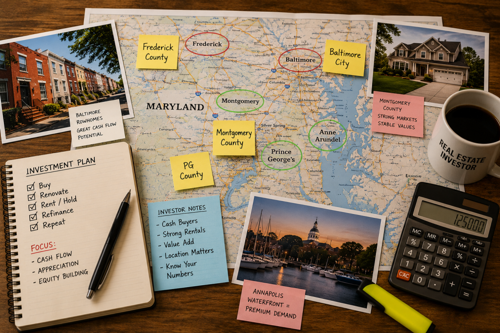 Overhead view of a Maryland real estate investor’s workspace featuring a map of Maryland with highlighted counties including Baltimore, Frederick, Montgomery, Prince George’s, and Anne Arundel, surrounded by property photos, investment notes, a calculator, coffee mug, and renovation planning materials on a wooden table.